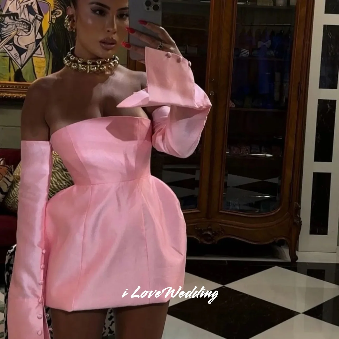 Pink Strapless Homecoming Dress 2025 Satin Long Sleeve Backless Mini Skirt Pleated Cocktail Dress Birthday Party Dress Customize