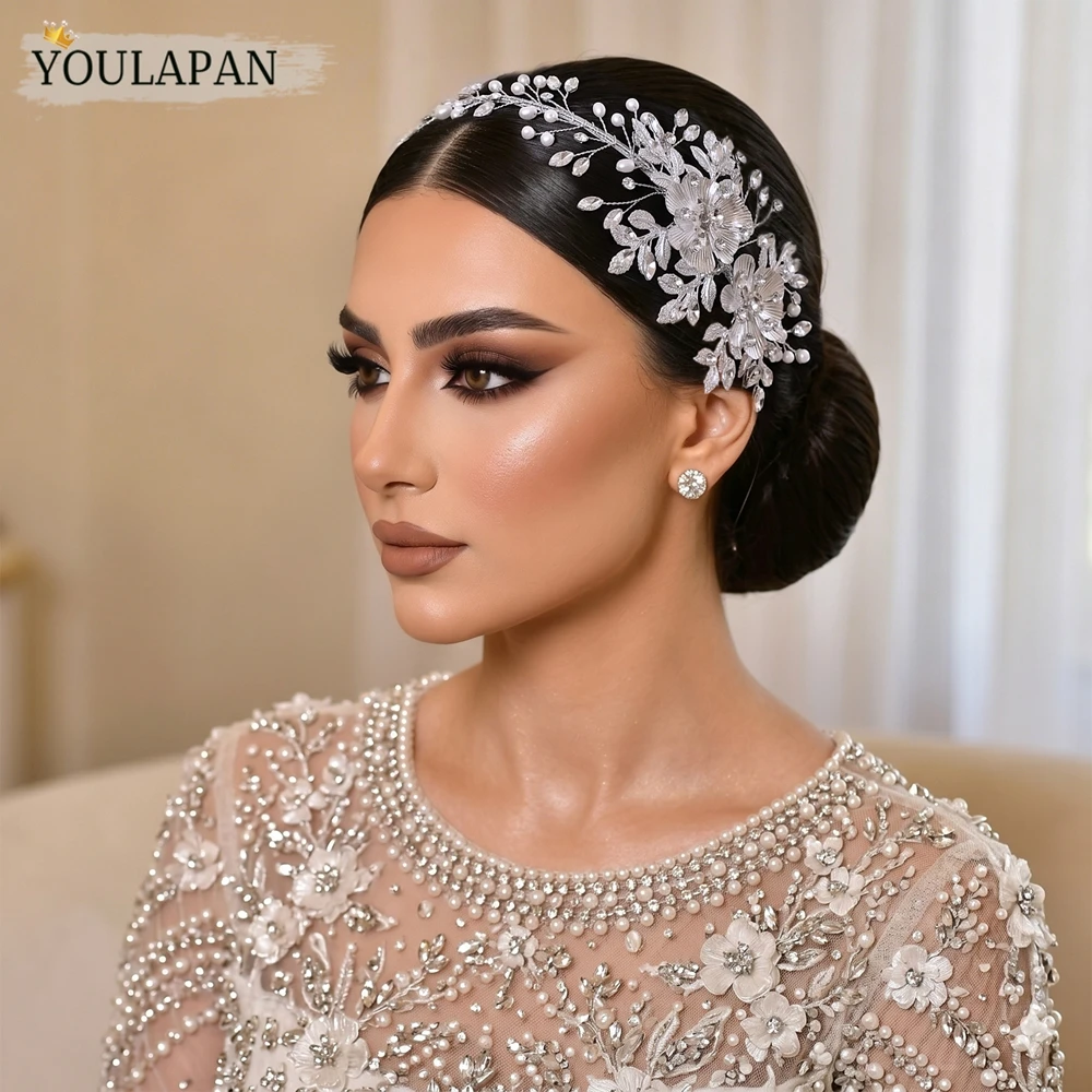 YouLaPan Luxury Bride Flower Headband Pearl Rhinestone Handmade Head Hoop Wedding Party Headpieces Hair Accessories HP1018