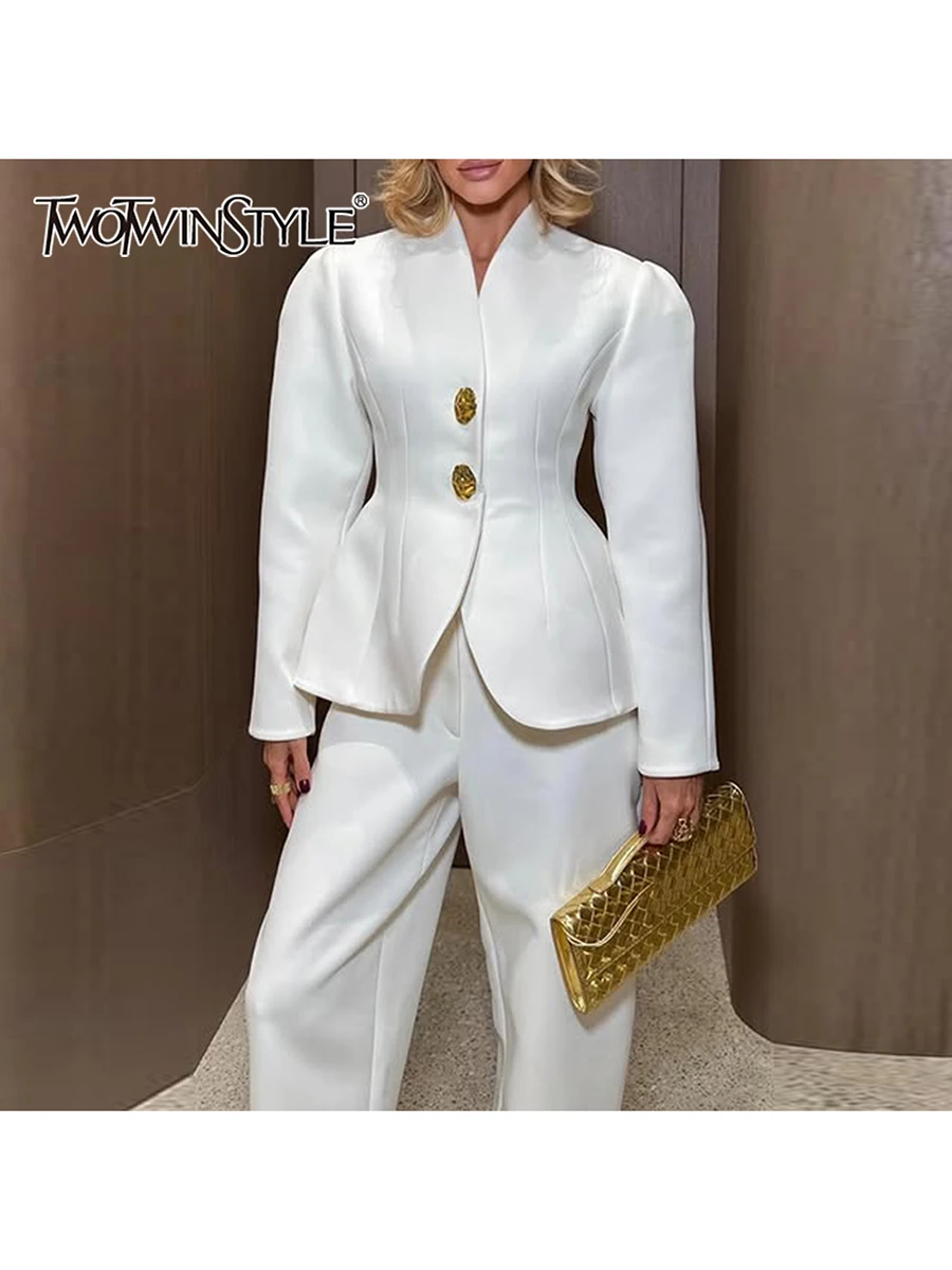 

TWOTWINSTYLE French Fashion Two Piece Sets for Women Stand Collar Long Sleeves Patchwork Button Top High Waist Pant Set Female