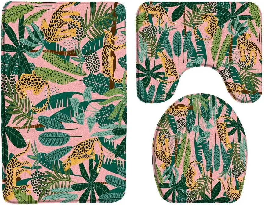 3PCS Leopard Palm Bath Mat Set, Wildlife Tropical Pink Green Jungle Rug, U-Shape Toilet Cover Animal Theme Bathroom Decor