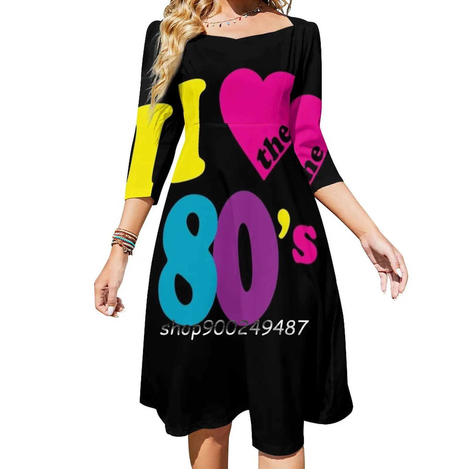 ICH Liebe Die 80S Hemd Flare Kleid Square Neck Kleid Elegante Weibliche Mode Gedruckt Kleid ICH Liebe Die 80S