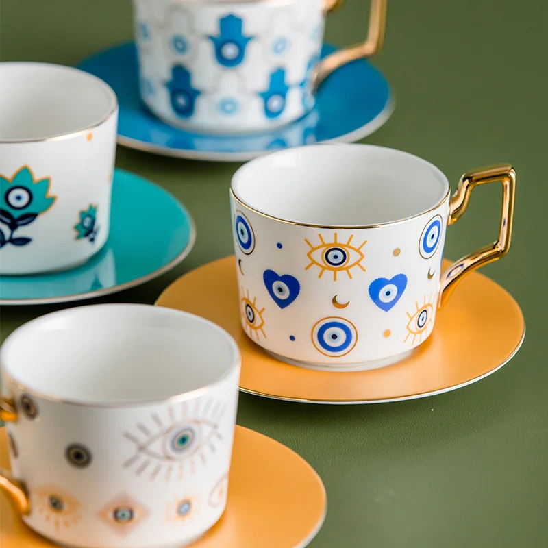 1set Evil Eye Teacup And Saucer Ceramic Coffee Cup And Plate Nordic Style Drinking Cups For Breakfast  Afternoon Tea Drinkware