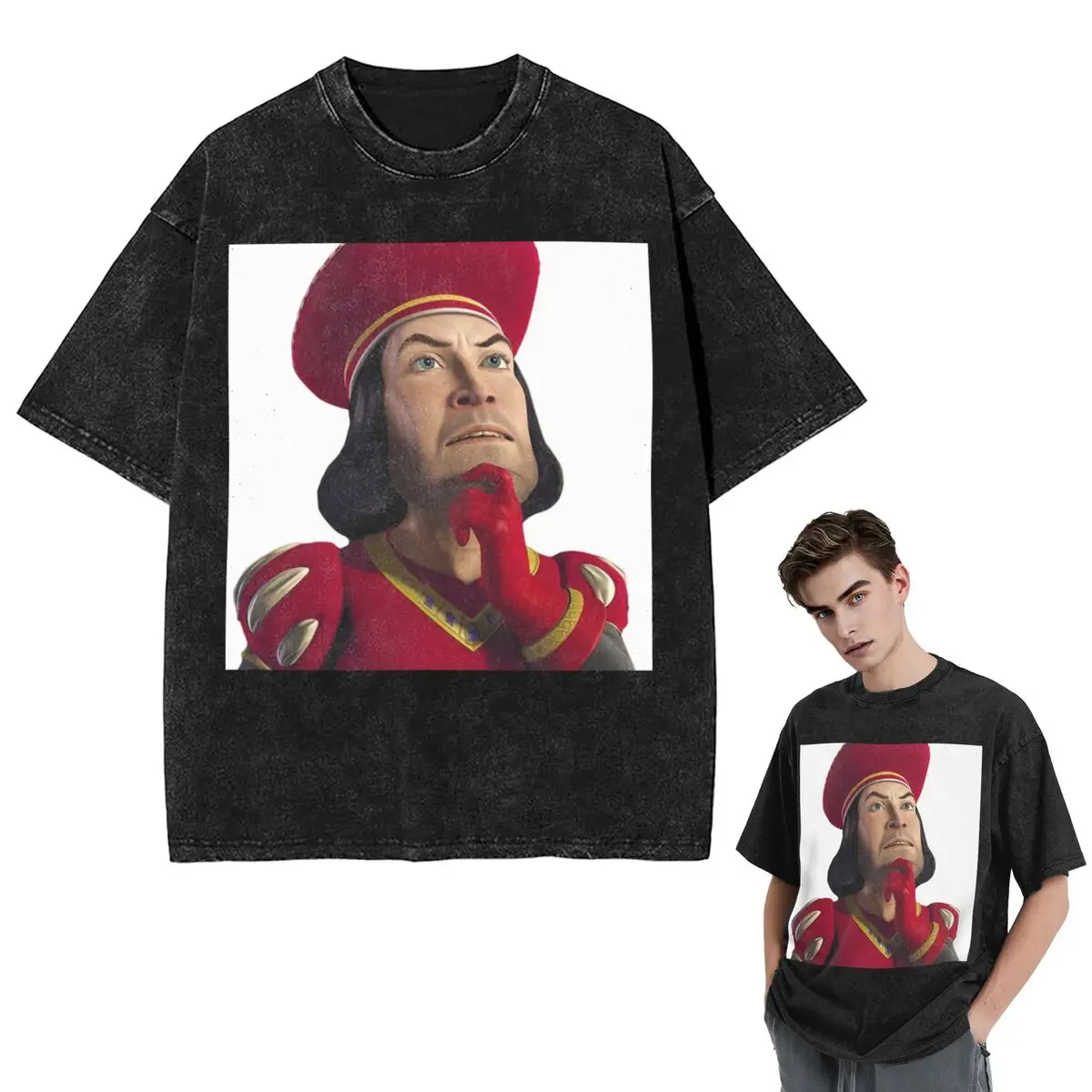 

Streetwear T-Shirts Lord Farquaad Washed T Shirt Short Sleeve Hip Hop T-Shirt Tops Tees for Men Women