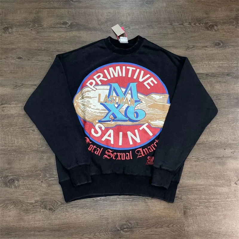 سويت شيرت رجالي بغطاء للرأس من القطن الخالص مطبوع عليه حروف كبيرة الحجم من Saint Michael باللون الأسود