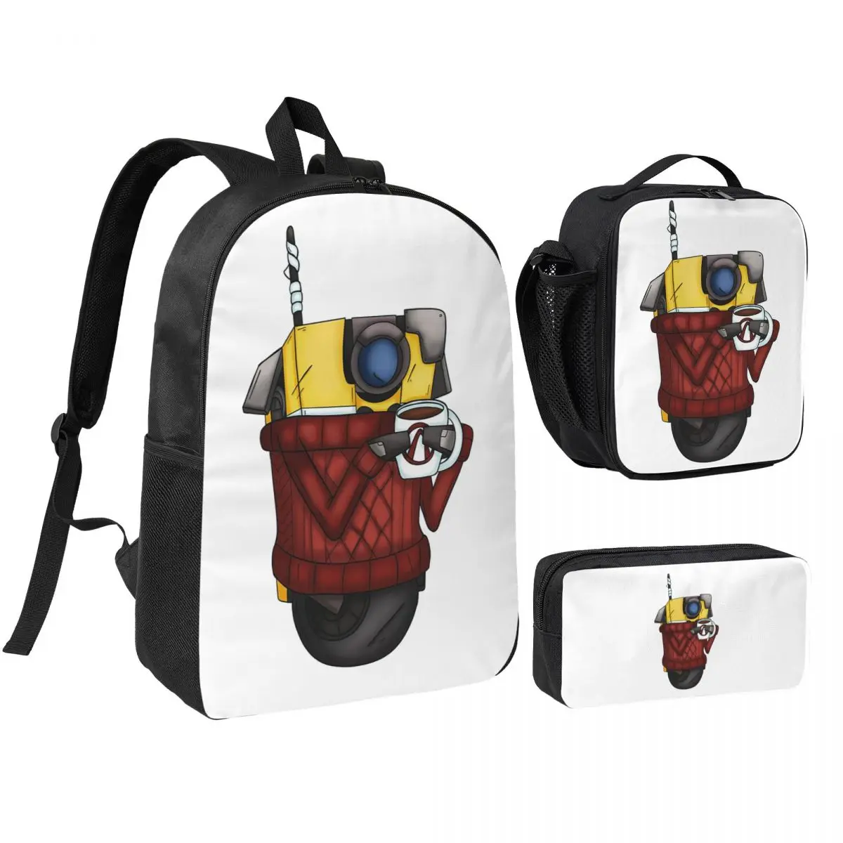Mochila Borderlands Cozy Sweater Claptrap para meninos e meninas, bolsa escolar, bolsa de ombro, 3 peças, bolsa térmica para almoço, estojo de lápis