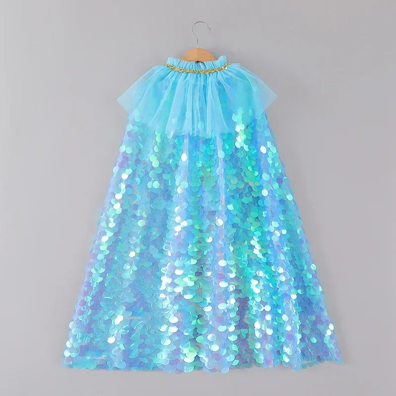 Girls Little Mermaid Cloak Children Purim Colorful Sequined Capes Princess Cloak Kids Shiny Bright Party Costume Girl Dress up