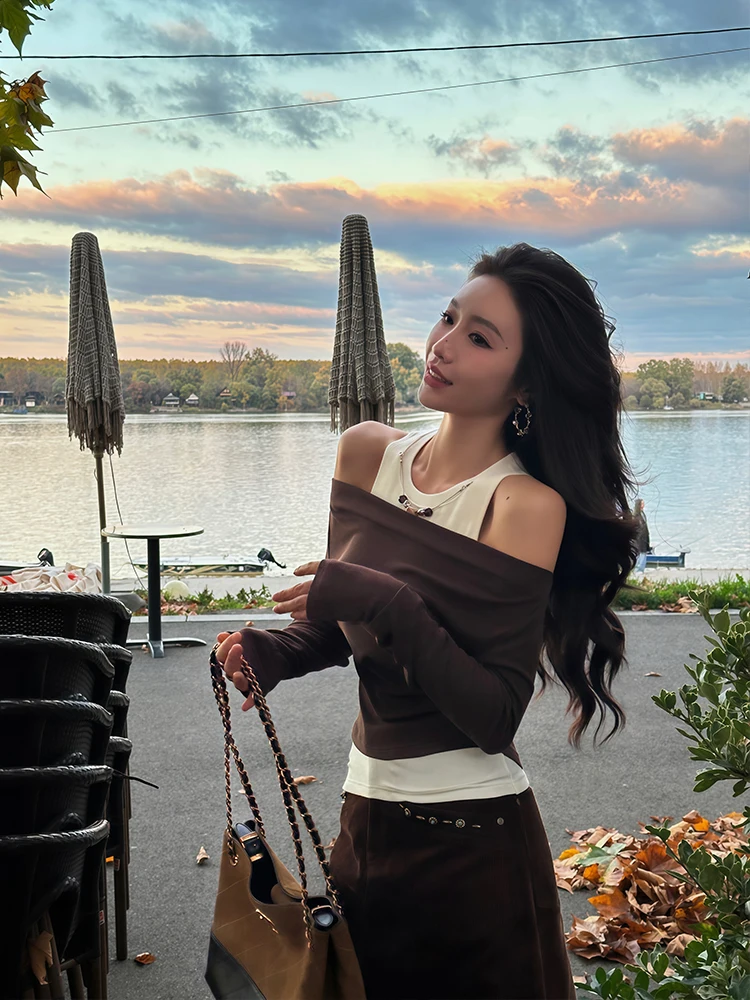 

ZQ Long Sve Knitted Sweater Women's Slim Fit Knitwear Brown Color 3D Decoration Vest Real Two-Piece Set Casual Sle Soft ...