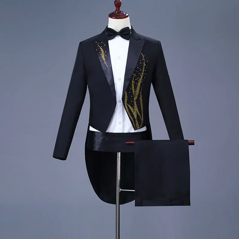 Men's performance dress (tuxedo + trousers) seaweed color diamond tuxedo black and white magician Bel Canto singer two-piece set