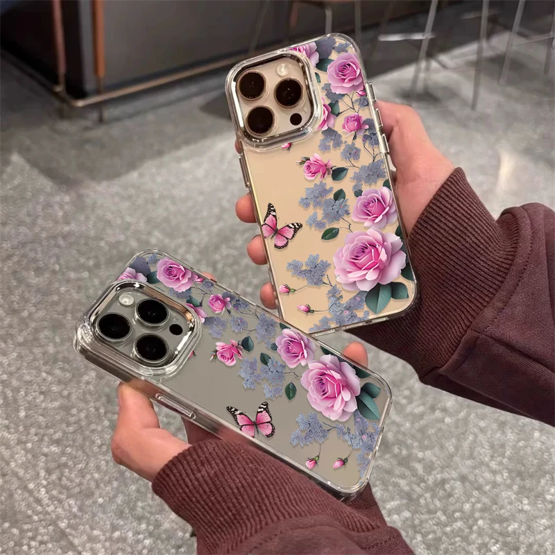 Shockproof Clear Acrylic Phone Case For iPhone 17 Air 16 16e 14 7 8 Plus 12 13 11 15 Pro Max XR XS Flower Pattern Soft Cover
