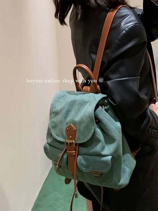 Denim Backpack Women\'s Shoulder Bag Canvas Bookbag Handheld Unisex Cowboy Leisure Leather Strap Vintage England Classic Handbag