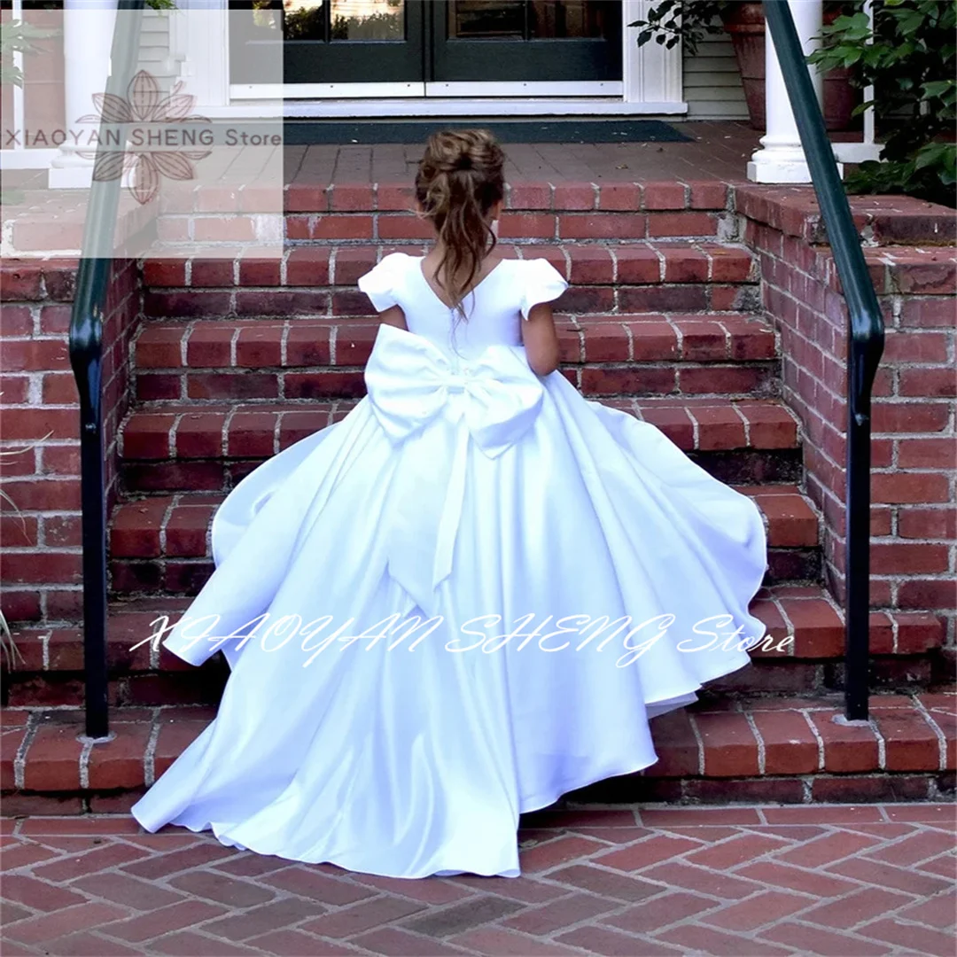 Red/White Satin Flower Girl Dress Wedding Princess Short Sleeve Elegant Birthday Party Formal Occassion Baby Kids Ball Gown