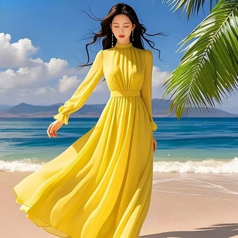 

French Gentle Seaside Vacation Dress Women's Wear Tight Waist Slimming Long-Dress 2025 Spring Summer New Long-Sleeved Dresses