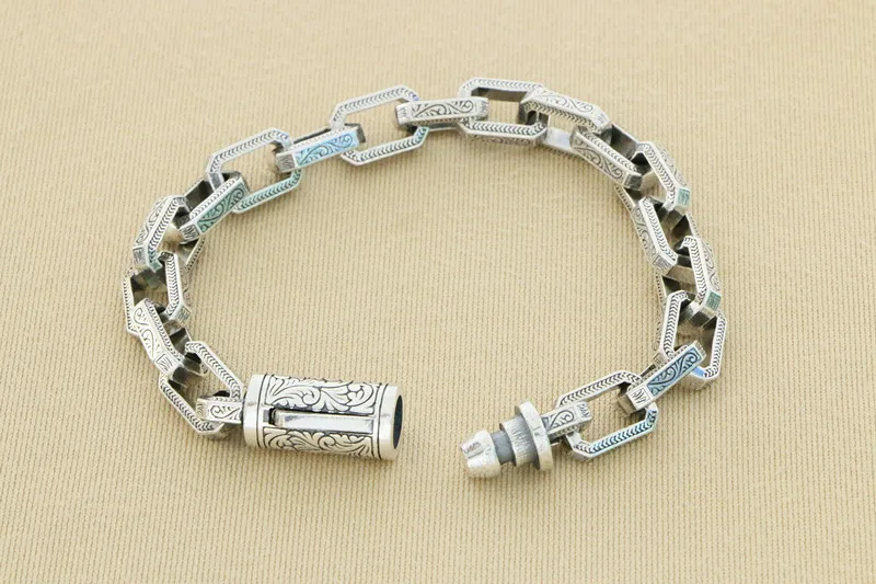 Chinese style simple and rugged pure silver auspicious cloud bracelet retro trendy personality jewelry Tang grass pattern bracel