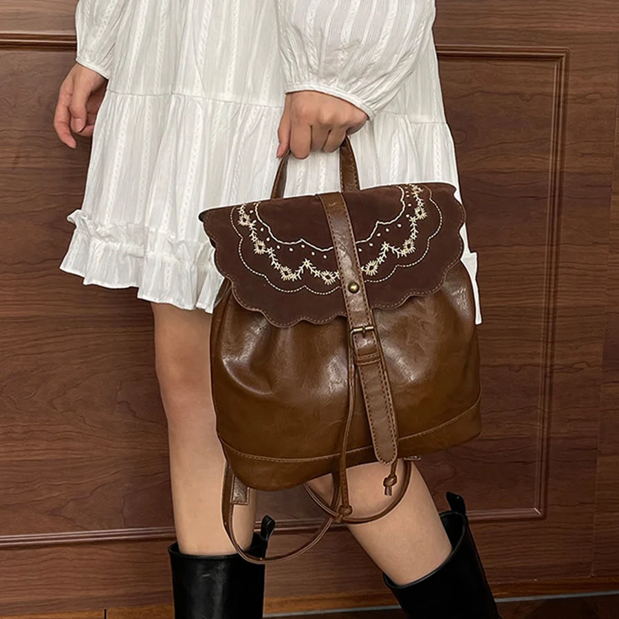 Autumn New Style Backpack Retro Large Embroidery Flip-top Shoulder Bags for Women Trendy College Rucksack Casual Class Commuting