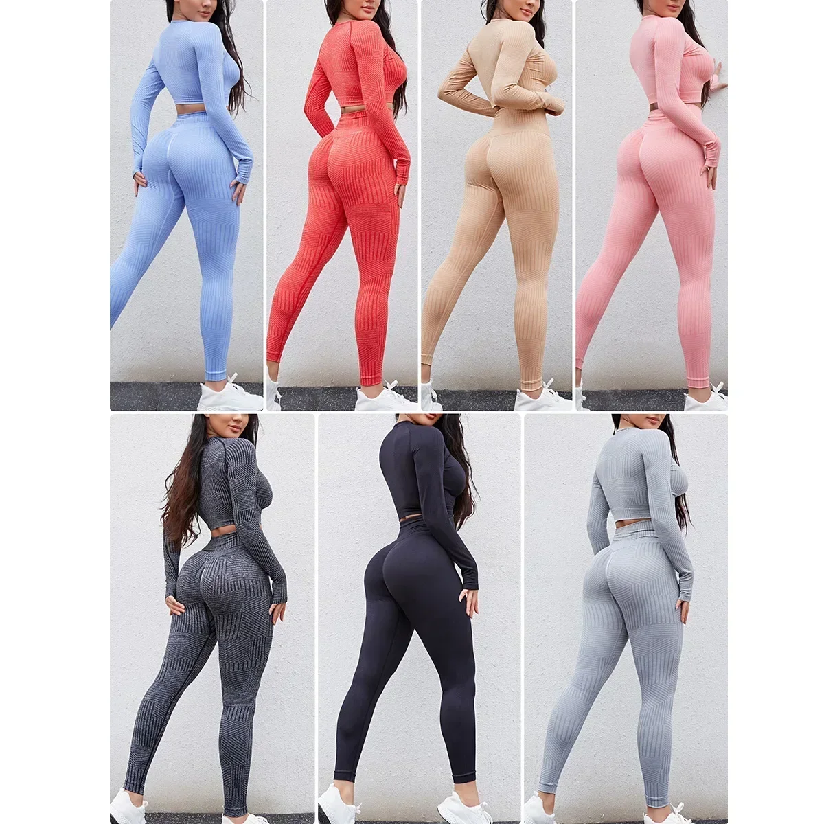 Ensemble de yoga sans couture pour femme, pantalon de sport, fitness, taille haute, pêche, lifting des hanches, à rayures, à manches longues, leggings d'entraînement, de gymnastique