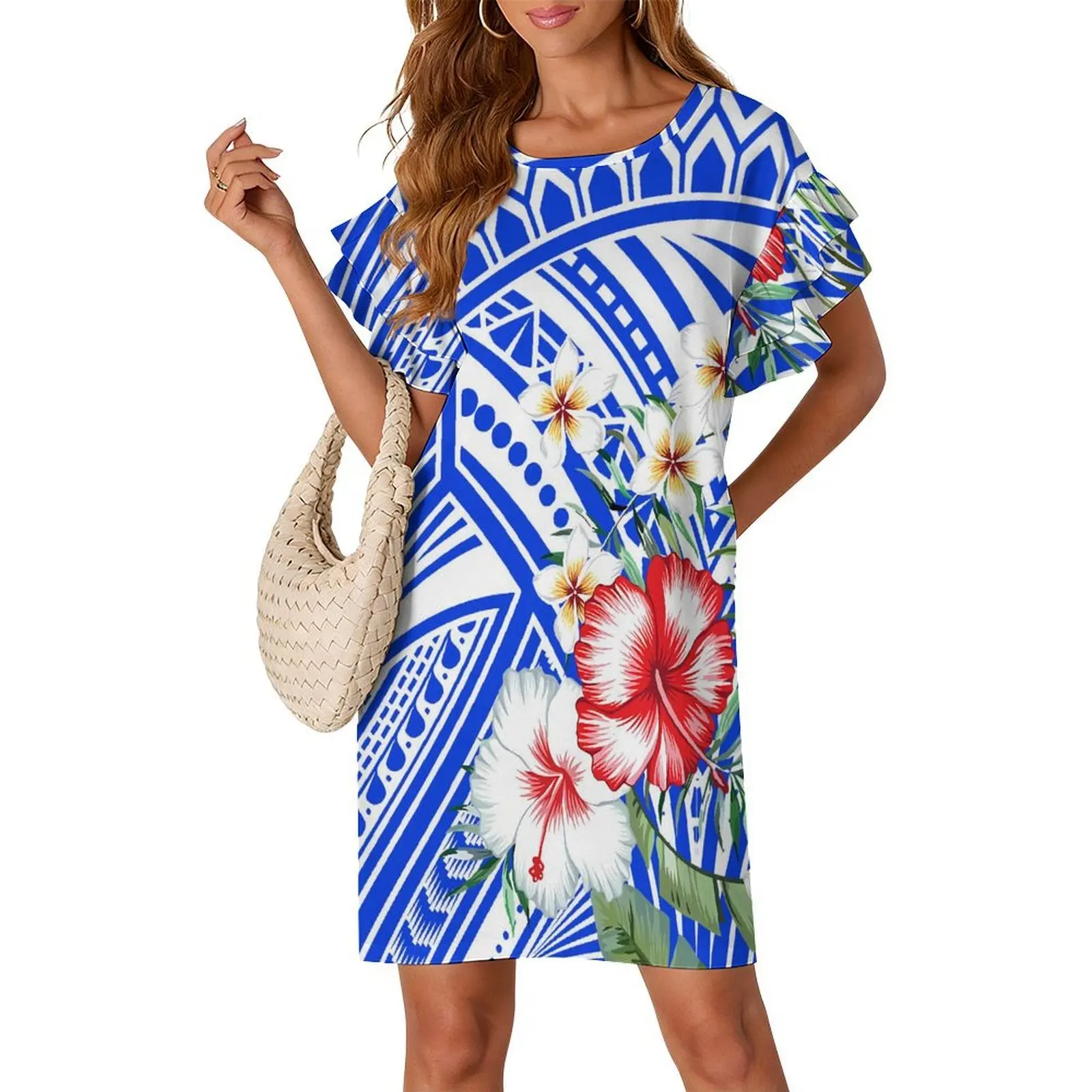 New High-Quality Custom-Patterned Women'S Elegant Long Dress With Double Ruffled Sleeve Design - Polynesian Loose-Fitting Dress