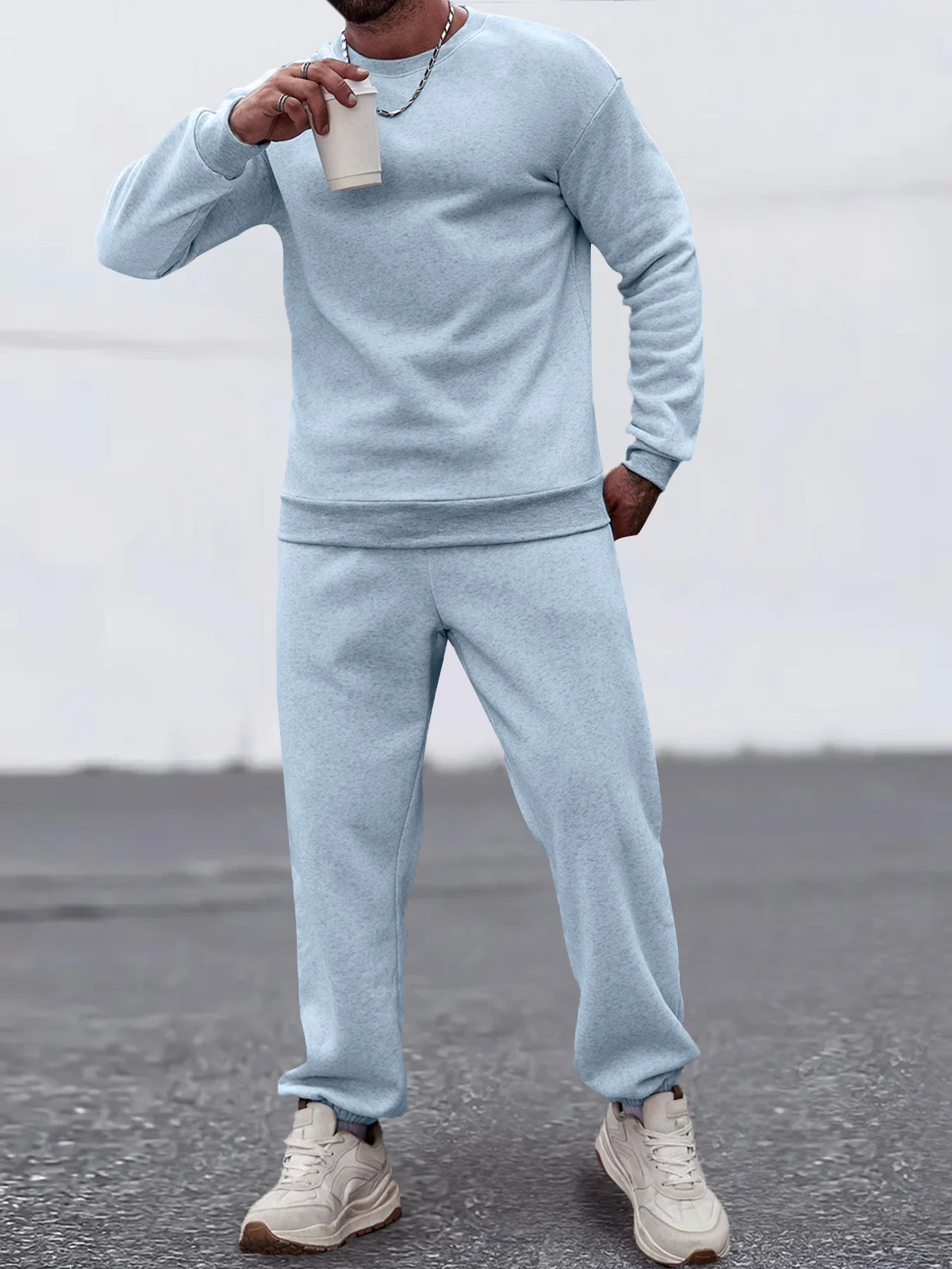 

Men's Casual Loungewear, Loose Fit Solid Color Sweatshirt & Elastic Waist Tapered Pants