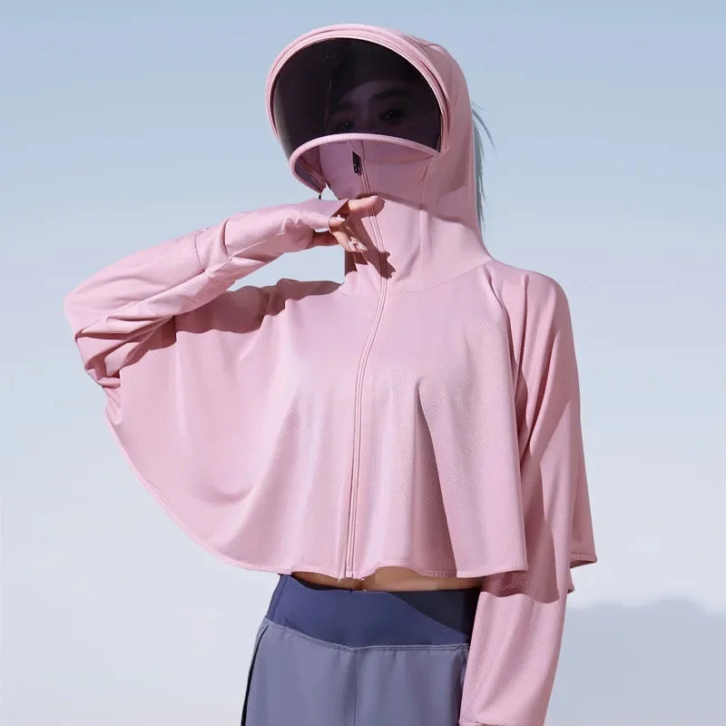 Ropa de protección solar de seda de hielo, chal fino de manga larga, protección UV transpirable, máscara de protección facial para el cuello, novedad de verano 2022