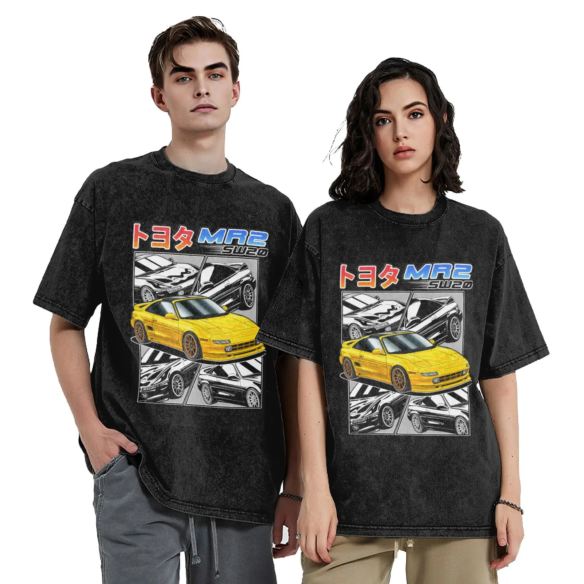 Funny  Initial D Retro Sports Car MR2 SW20e Vintage Washed T Shirt Men's Crewneck Short Sleeve Tops Anim Cotton Summer Clothing