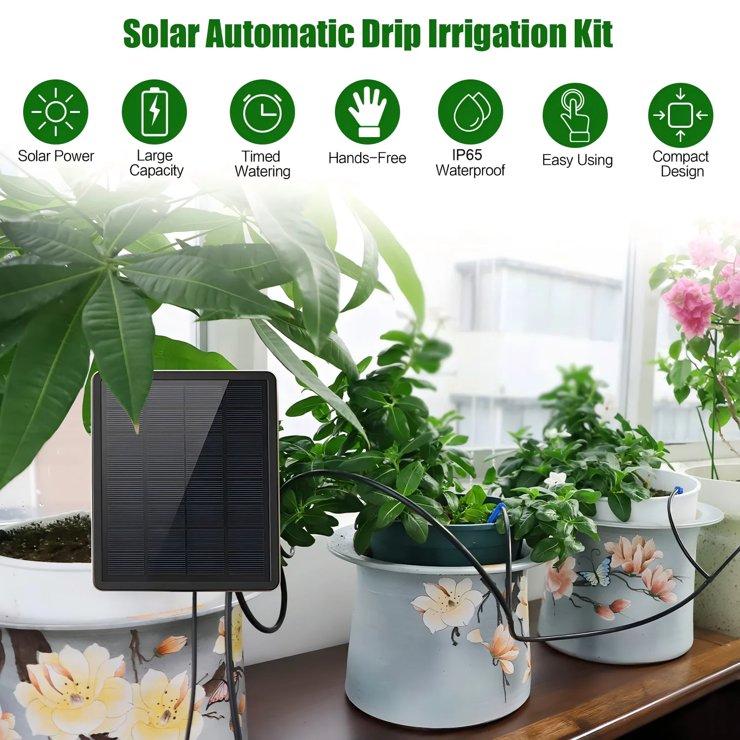 Solar Irrigation System, Solar Intelligent Irrigation Kit, Balcony Automatic Watering System, Integrated LED Programmable Timer, Anti-Siphon Device, IP65, 2000mAh Battery, Includes 393.7-Inch Hose, Flow-Adjustable Drippers, for 15 Plants, Ideal for Garden