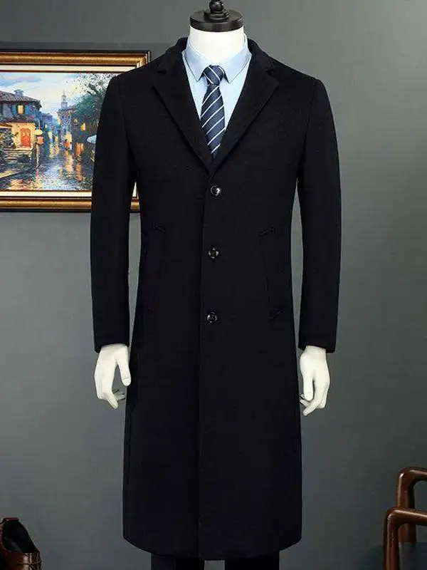 

Мужское длинное шерстяное пальто-тренч осенне-зимнее, в корейском стиле, с отложным воротником, высококачественная брендовая верхняя одежда, утепленное, приталенное, из денима