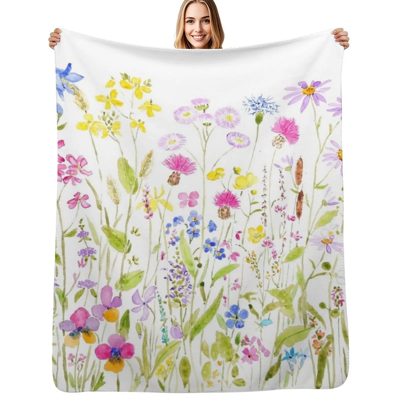 

colorful meadow fields watercolor Throw Blanket Spring Fall Cozy Throw Blanket for Couch