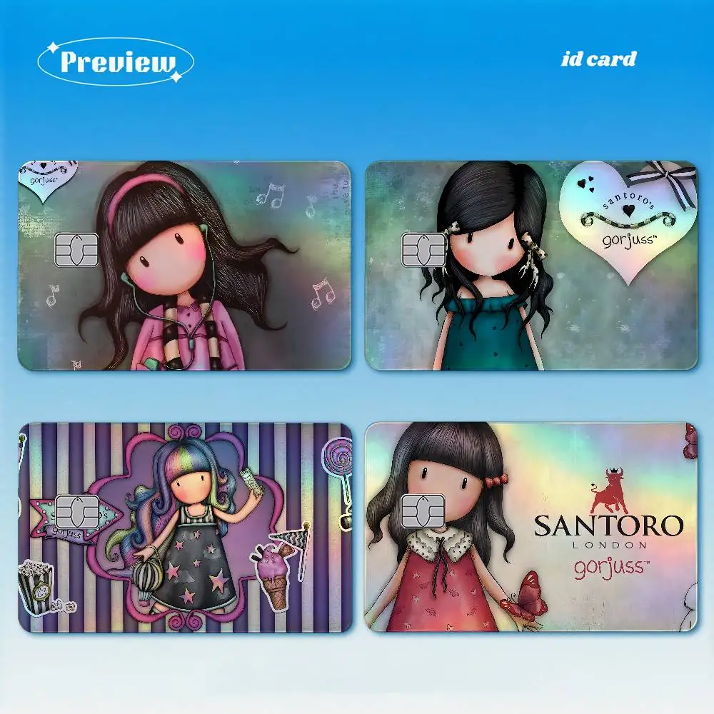 Anime S-Santoro Gorjuss 4Pcs Laser Card Stickers Vinyl Skin For Credit Debit Bank Cards Waterproof Resistant Protective Film
