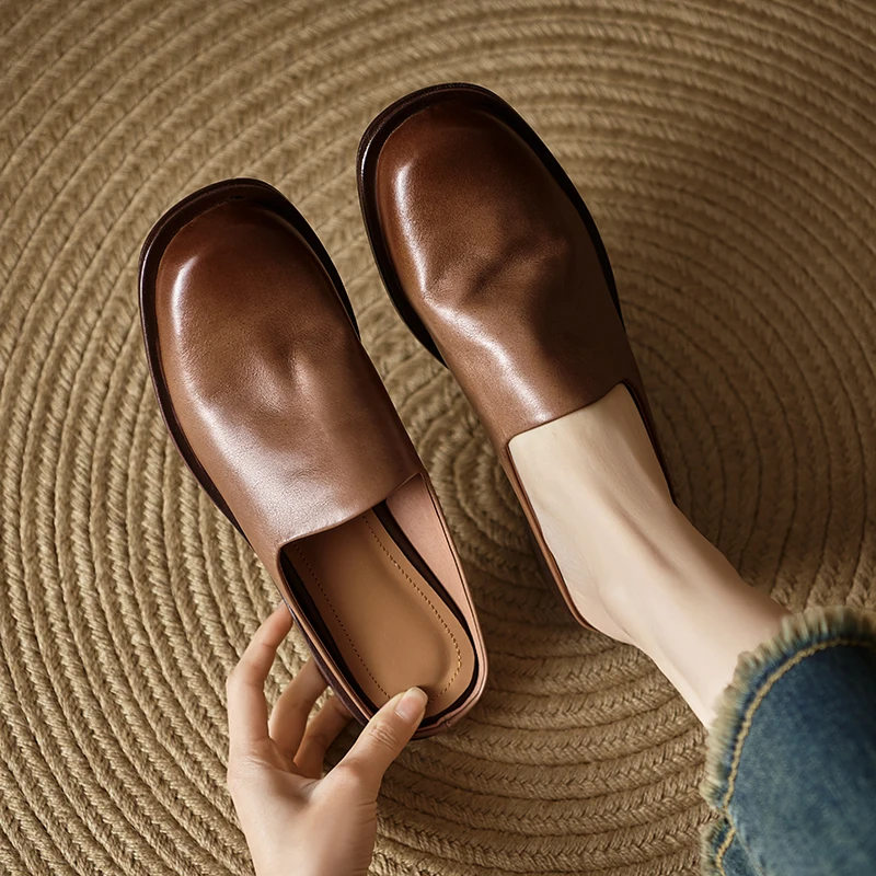 2026new summer women sandals natural leather 22-24.5cm cowhide+sheepskin+pigskin round toe mules low heel women slippers fashion