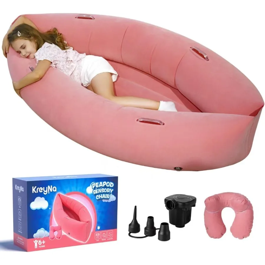 

Надувное сенсорное кресло Peapod Canoe 60 для аутистики СДВГ, розовое с подушкой для шеи, электрический воздушный насос