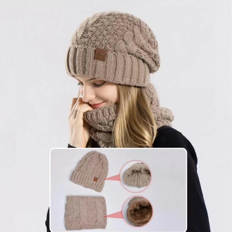 Two-Piece Set Fashion Women Knitted Hat Scarf Caps Neck Warmer Winter Hats For Men Women Skullies Beanies Warm Fleece Cap