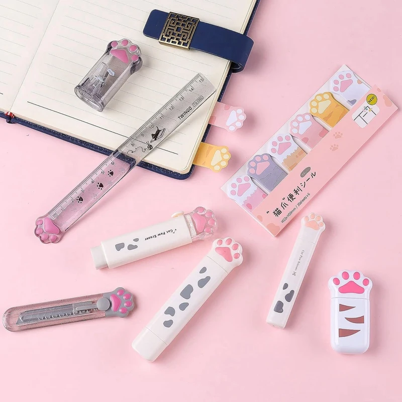 8 Pcs Cute Cat Paw Stationery Set Kawaii School Supplies Including Pencil Sharpener Retractable Eraser Reusable (White)