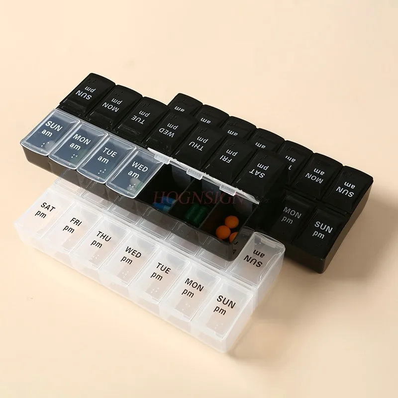 1PCS Double row 14 grid small medicine box, one week creative medicine box, medication sorting and storage box