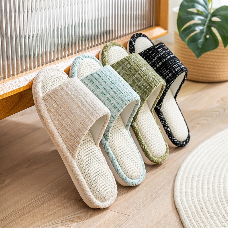 Atmungsaktive Leinen-Hausschuhe für Damen und Herren, gestrickte Tweed-Slipper mit offener Zehenpartie, rutschfeste, dicke, weiche Sohle, schweißabsorbierende Hausschuhe. – Detail 3
