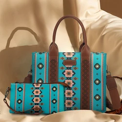 Borsa a mano stampata occidentale in tela da donna borsa a tracolla Boho Aztec di grande capacità nuova borsa per la spesa per pendolari Wrangler Cowgirls