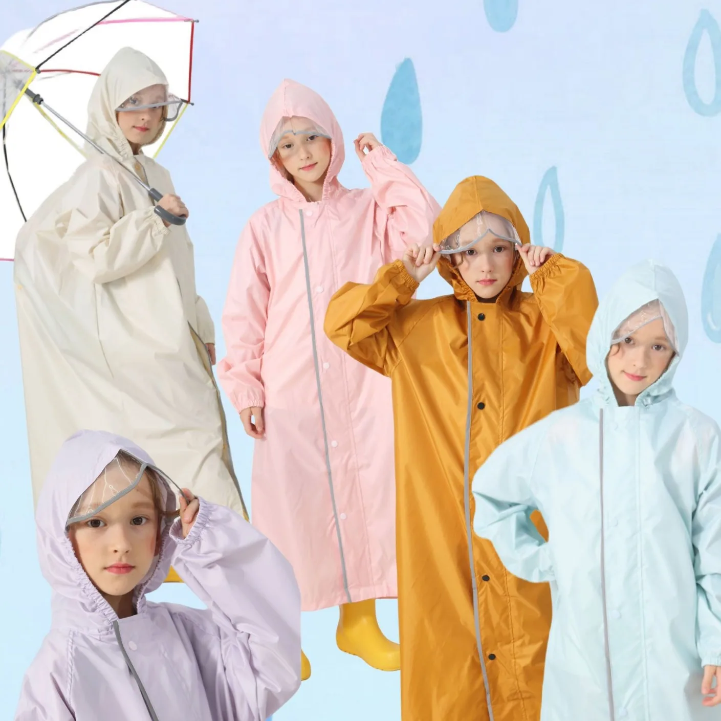 2PC Kids Cute Macaron Color Waterproof PU Raincoat with Schoolbag Space & Custom Logo for Kindergarten Primary School Children