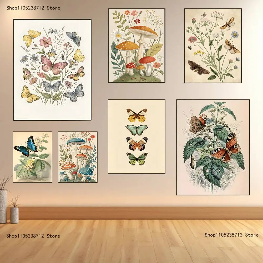 

Butterfly Insect Flower Mushroom Poster Prints Wall Art Picture Painting Gift Living Room Restaurant Bar Large Dec Sticker