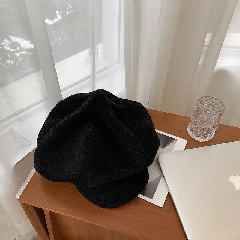 Y2K Corduroy Mushroom Hat Fashion Large Cloud Hat Autumn Winter Black Octagonal Cap Women Face Small Painter Caps Gorras