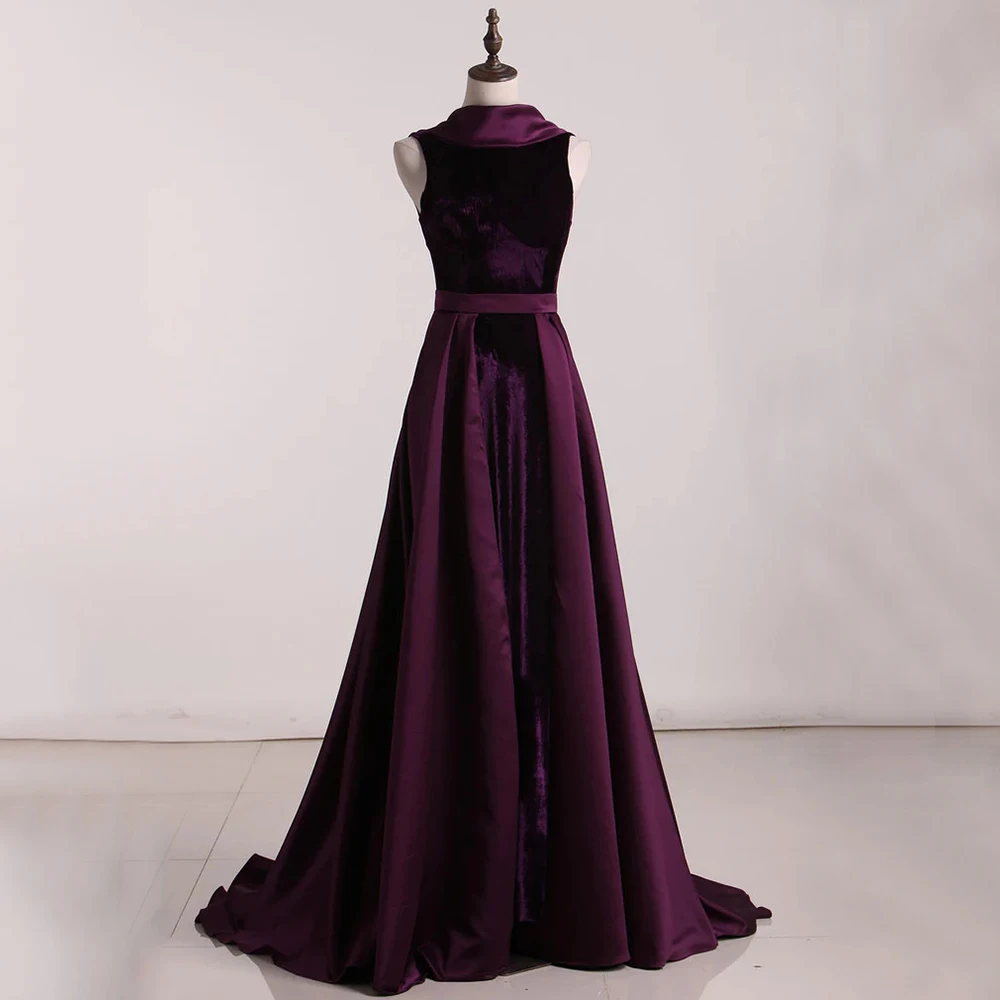 Robes mère de la mariée en velours, automne/hiver, col roulé, sans manches, ceinture en Satin, violet foncé, ligne a, longueur au sol, robe élégante