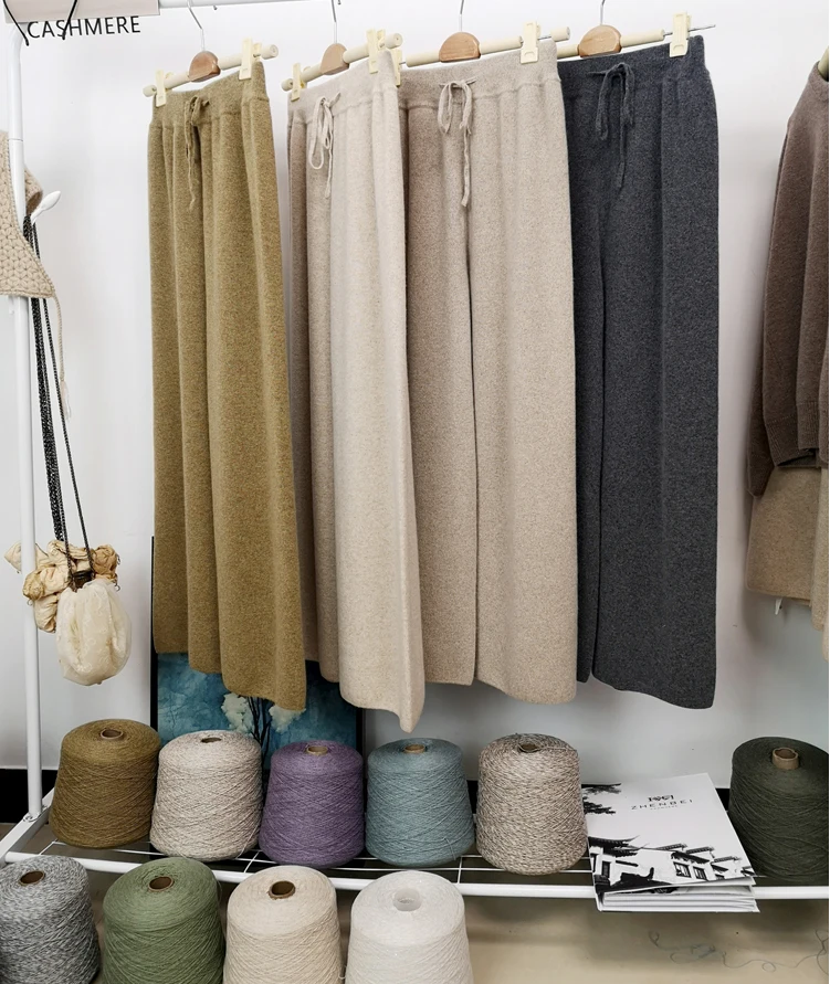 Autumn winter wool knitted wide leg trousers FEMALE drooping feels straight tube leisure tall waist outside wear trousers