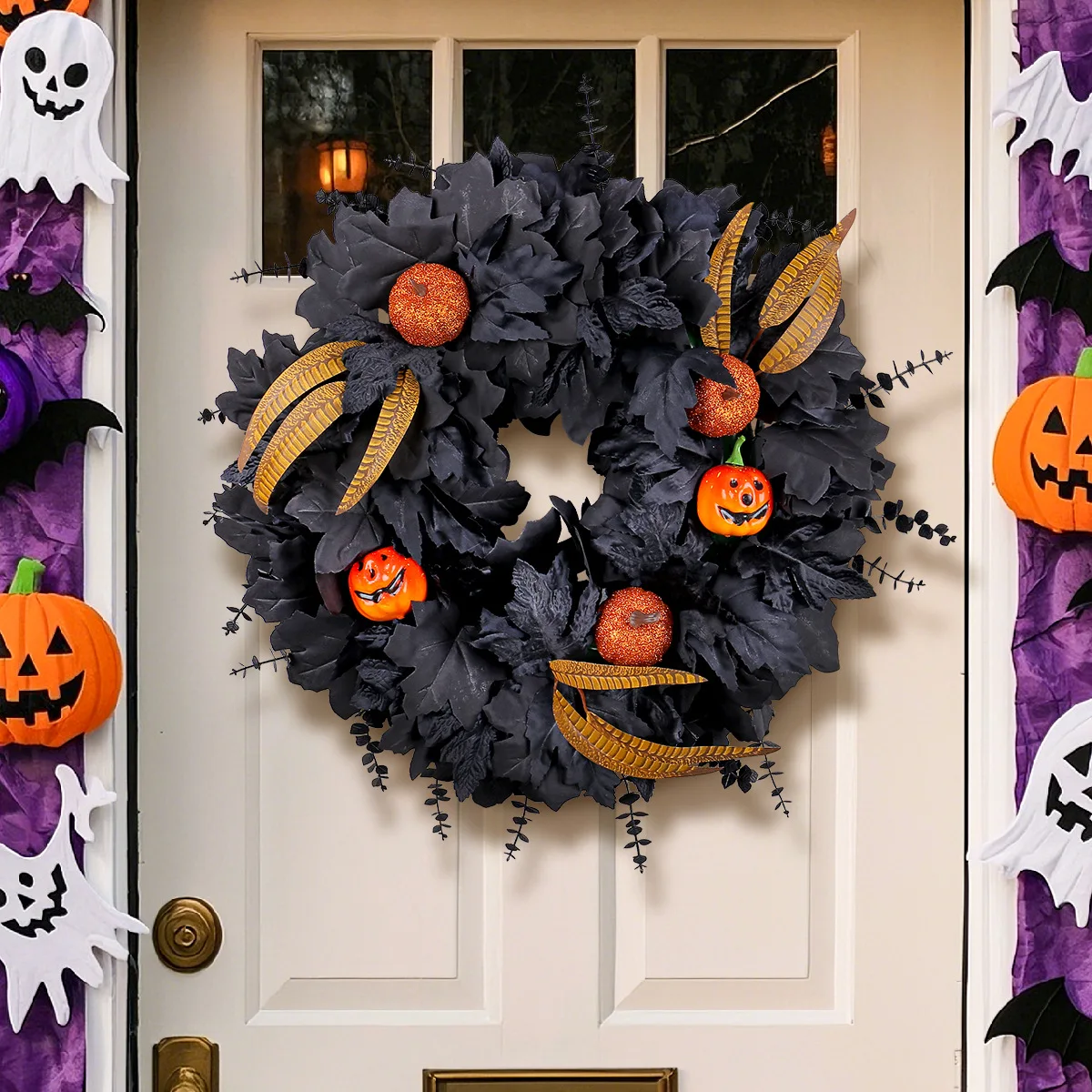 Ghost Festival Party Decor Wreath, Black Maple Leaf Dead Branch Pumpkin Vine Door Hanging Garland