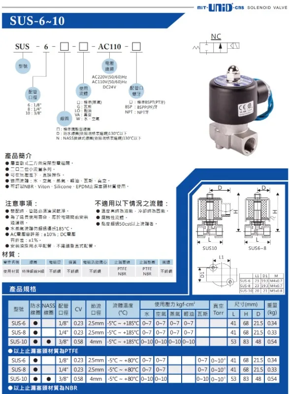 SUS-6 stainless steel 316 solenoid valve SUS-8 Dingji SU-10 stainless steel steam solenoid valve UNI-D original