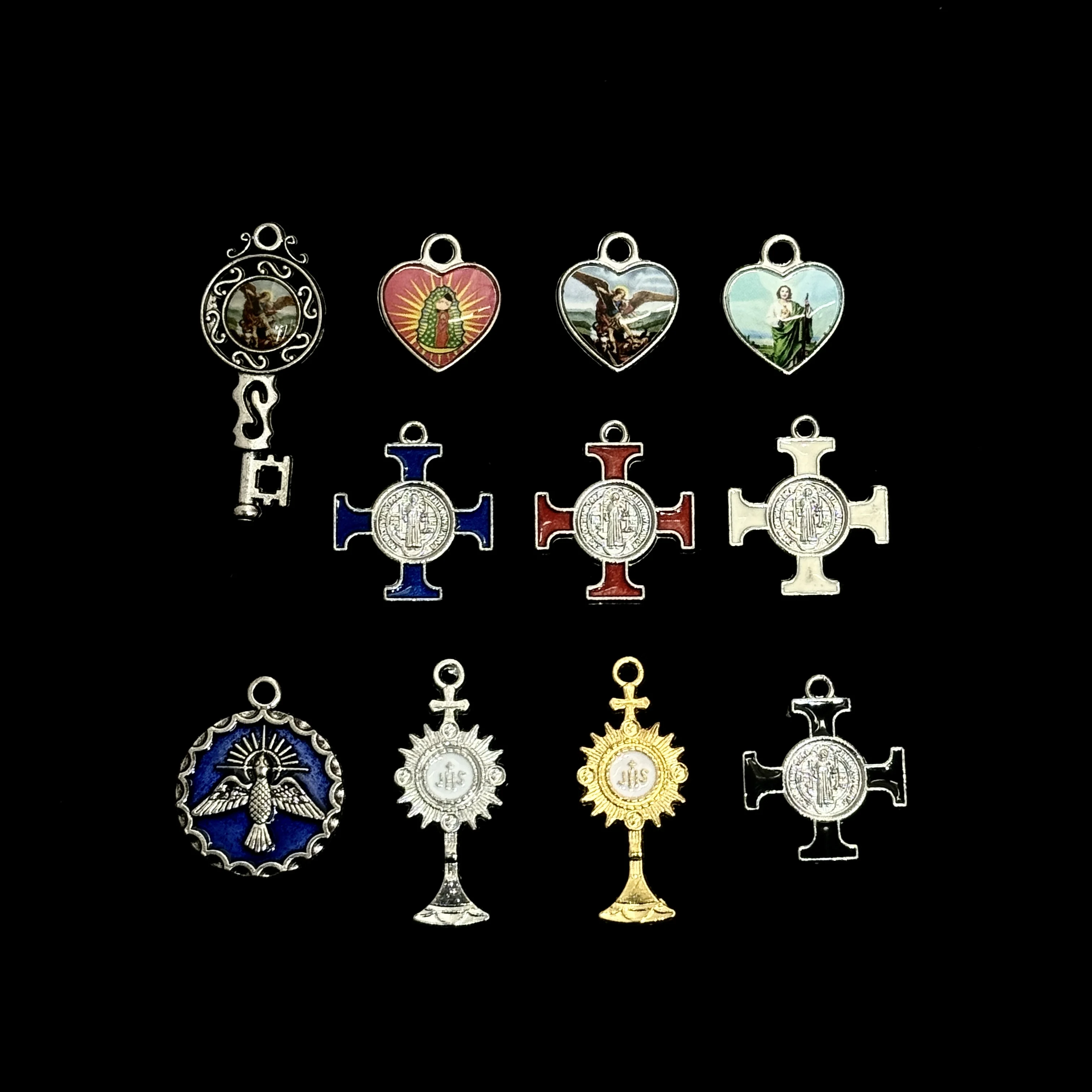 10Pcs Enamel Epoxy Catholic Saint Medal Charms St Benedict Cross Holy Spirit Zinc Alloy Pendants for DIY Rosary Jewelry