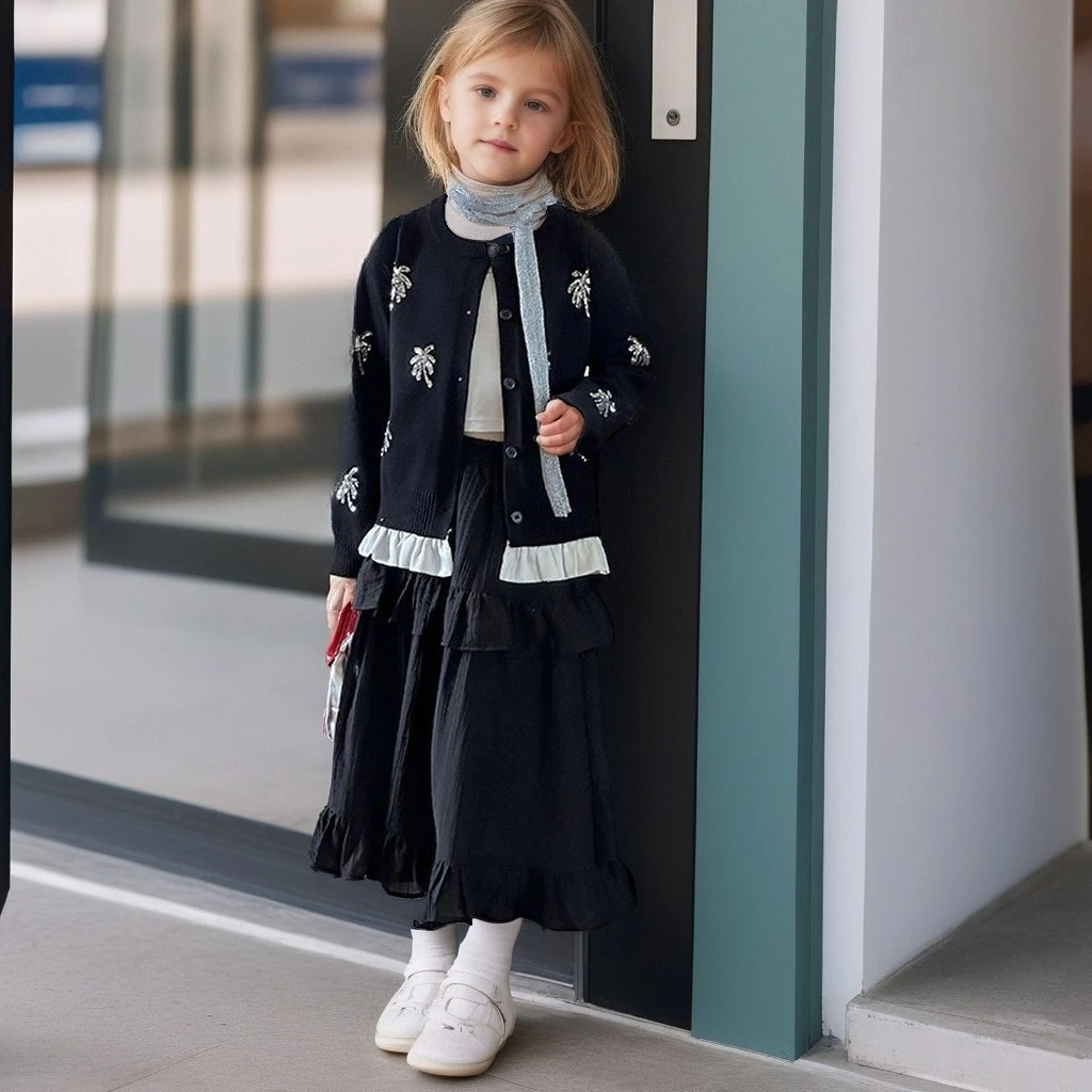

2025 Girls Knit Cardigan Set Autumn Fashion 2-Piece Outfit Trendy Sweater + Skirt Combo Casual Chic Wear for Teens (Age 7-14)