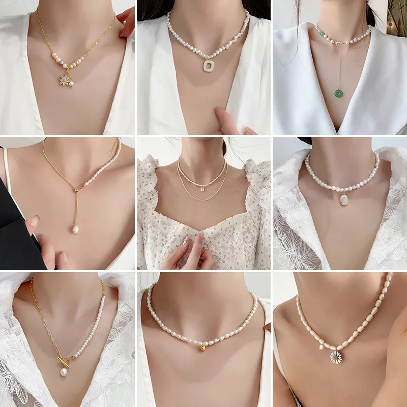 Minar Dainty Multiple Baroque Freshwater Pearl Beaded Choker Necklace for Women Shiny CZ Zircon Heart Flower Pendant Necklaces