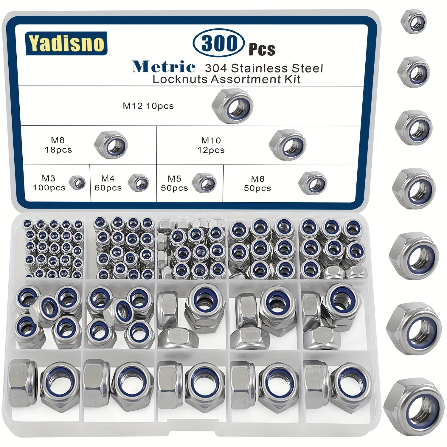 

188/230/300pcs 304 Stainless Steel Lock Nut Assortment Kit Metric Nylon Insert Locknut M3 M4 M5 M6 M8 M10 M12