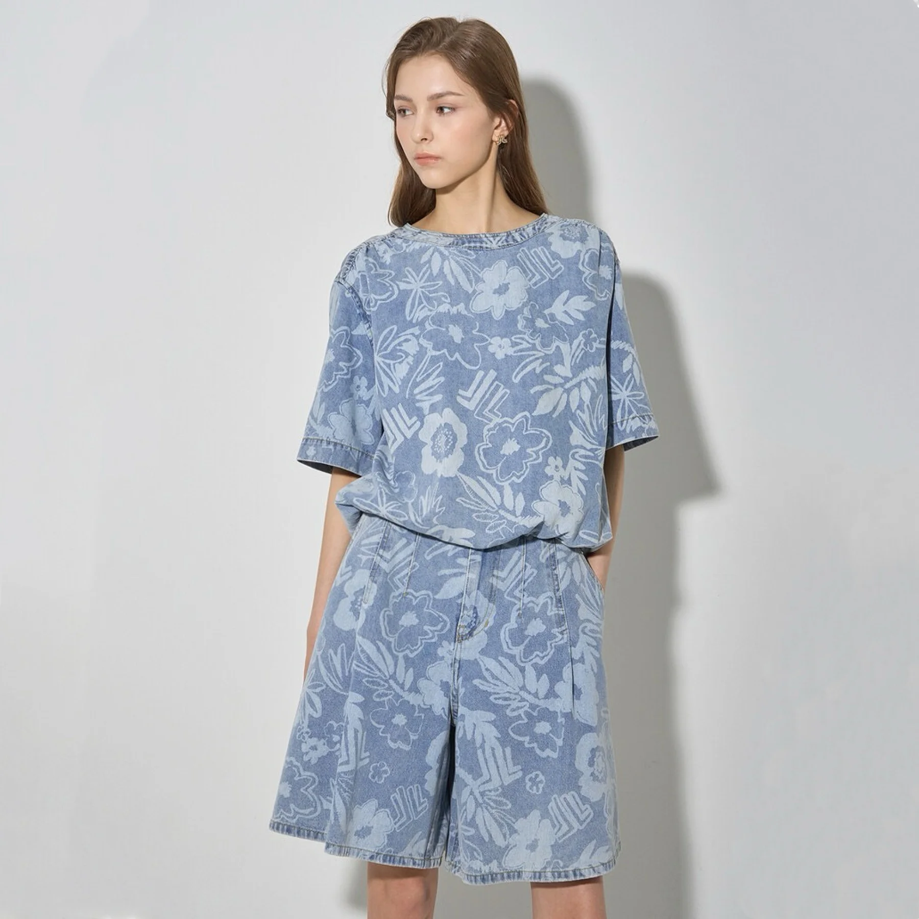 

Loose round Ne Printed Top orts Two-Piece Set Women's Faion Summer Breathable Comfortable Cotton Commute Sle irt