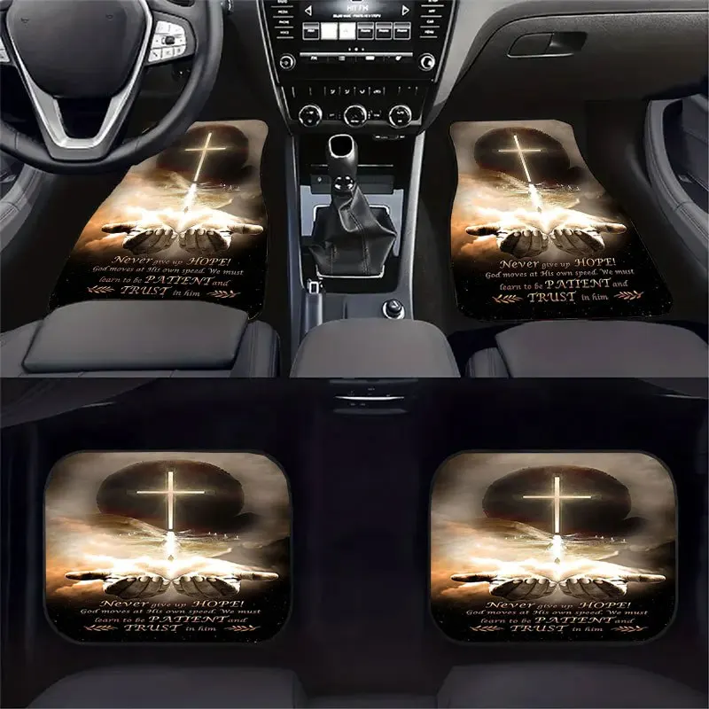4pcs Faith-Themed Car Floor Mats Compatible For Fit - Crystal Velvet Non-Slip Hair-Collecting Auto Floor Liners, Easy Clean Vehi
