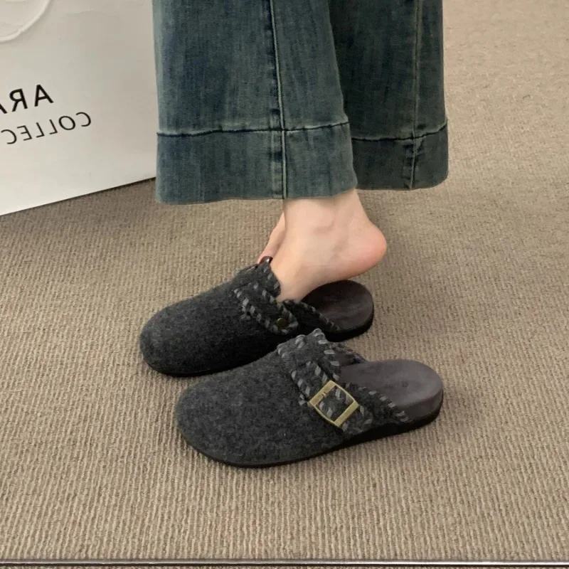 خريف وشتاء جديد للنساء والرجال من جلد الغزال شبشب بمقدمة مغلقة داخلي أو خارجي سهل الارتداء شبشب مسطح متين