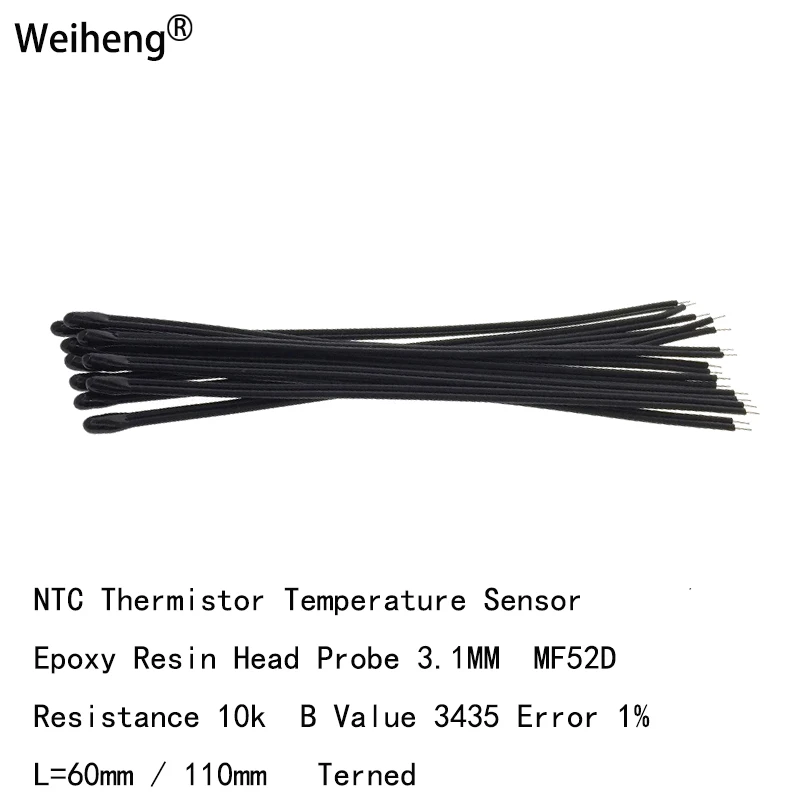 10pcs 10K B Value 3435 Error 1% MF52D103F3435L=60mm/110mm 28AWG Terned Head Diameter 3.1MM NTC Thermistor Temperature Sensor