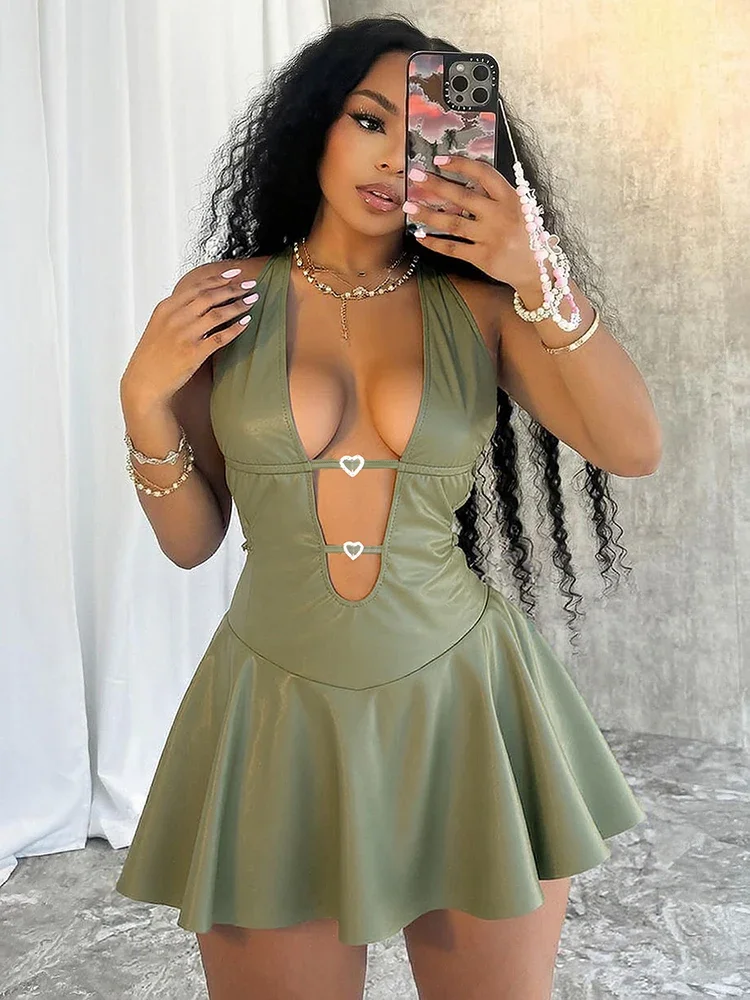 

2026 Faux Leather Mini Dress Woman Lace-Up Halter Deep V-Neck Heart Metal Trim Backless Hot Girls Street Sexy Fashion Bodycon